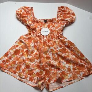 SHEIN Orange Floral Print One Piece Romper with Puffy Ruffle Sleeves sz Sm NWT